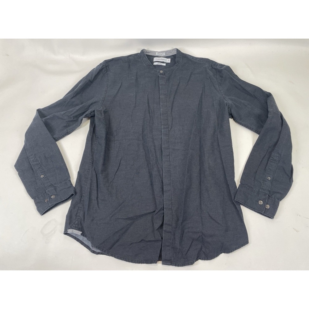 Calvin Klein Hidden Button Band‎ Collar Button Up Shirt Mens Size L Black